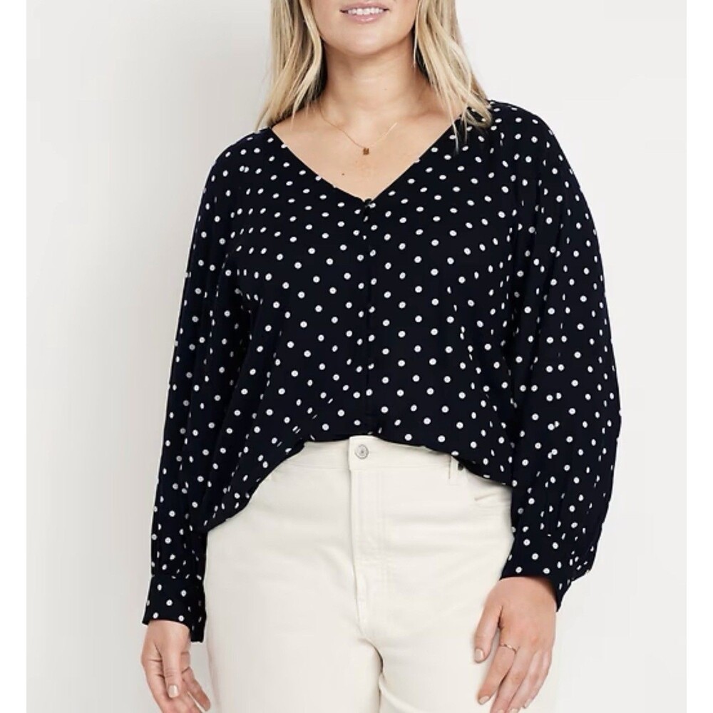 Old Navy Top Blue Polka Dot Long Sleeve Crepe Button Down Preppy Size XXL NWT